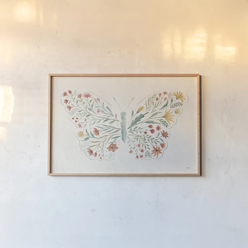 Wildflower Vibes Butterfly by Janelle Penner. shown as a paper print in a natural frame. Available as a archival giclee rolled canvas, fine art paper, or poster print. SKU 75533i.