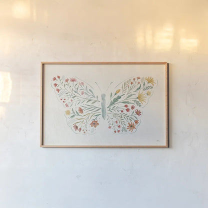 Wildflower Vibes Butterfly by Janelle Penner. shown as a paper print in a natural frame. Available as a archival giclee rolled canvas, fine art paper, or poster print. SKU 75533i.