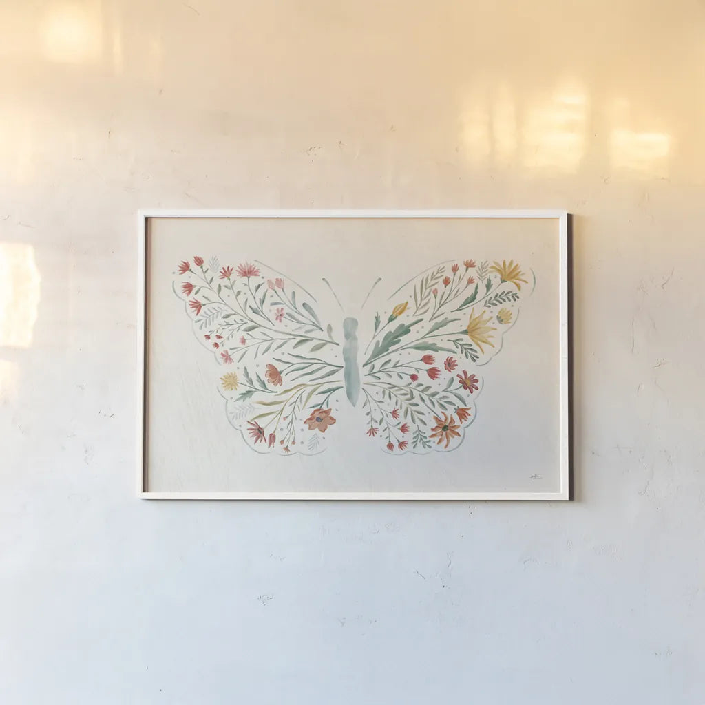 Wildflower Vibes Butterfly by Janelle Penner. shown as a paper print in a white frame. Available as a archival giclee rolled canvas, fine art paper, or poster print. SKU 75533i.