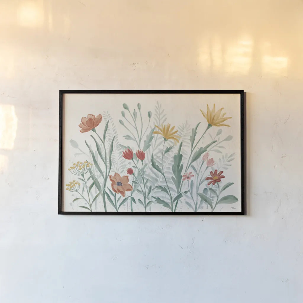 Wildflower Vibes I by Janelle Penner. shown as a paper print in a black flame. Available as a archival giclee rolled canvas, fine art paper, or poster print. SKU 74609i.