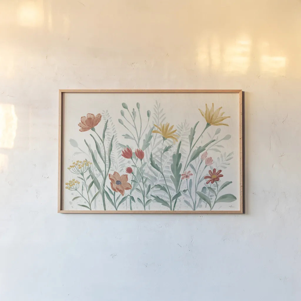 Wildflower Vibes I by Janelle Penner. shown as a paper print in a natural frame. Available as a archival giclee rolled canvas, fine art paper, or poster print. SKU 74609i.