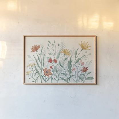Wildflower Vibes I by Janelle Penner. shown as a paper print in a natural frame. Available as a archival giclee rolled canvas, fine art paper, or poster print. SKU 74609i.