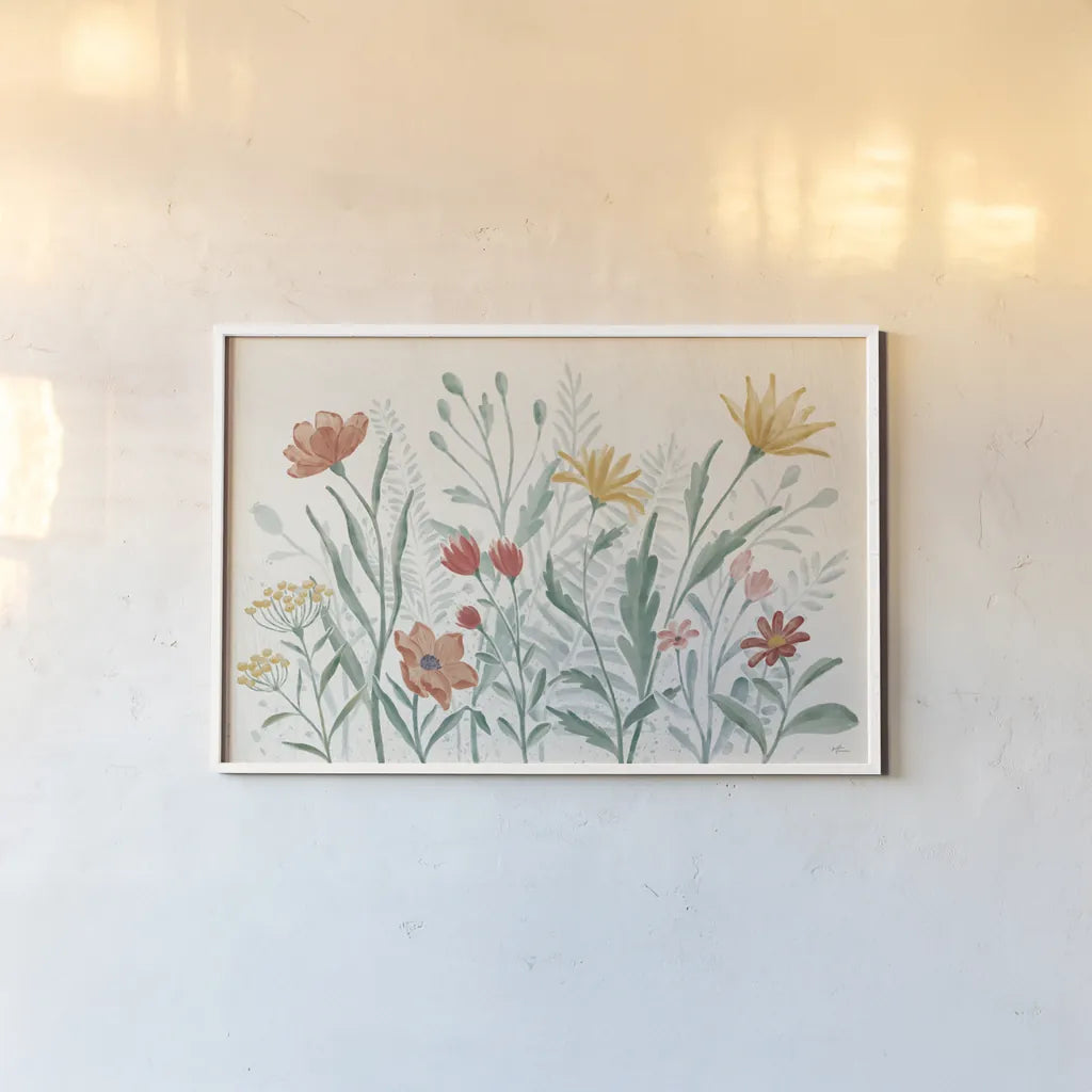 Wildflower Vibes I by Janelle Penner. shown as a paper print in a white frame. Available as a archival giclee rolled canvas, fine art paper, or poster print. SKU 74609i.