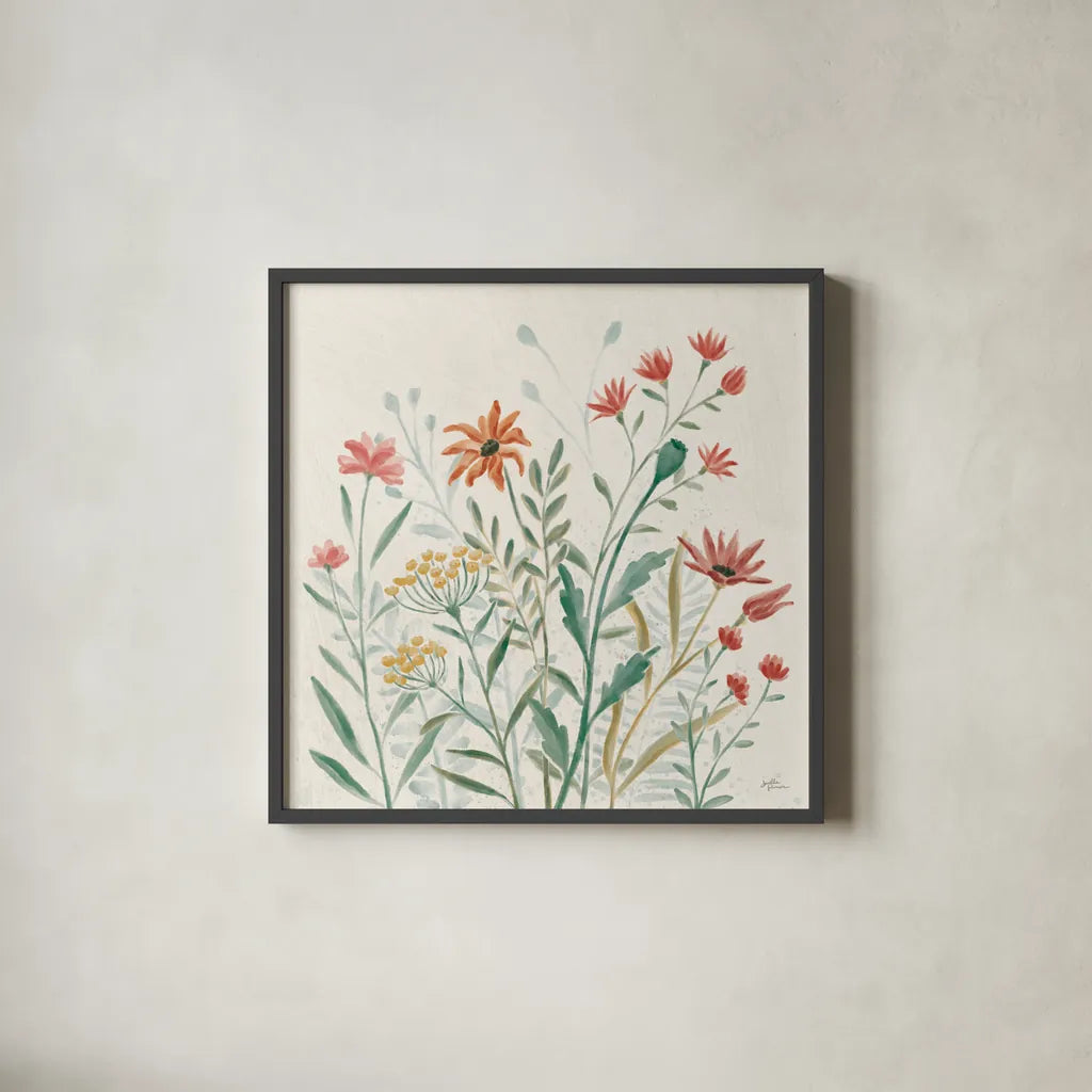 Wildflower Vibes II by Janelle Penner. Shown in a sleek black glass frame for a contemporary gallery look. Available as an archival giclee rolled canvas, fine art paper, or poster print. SKU 74610a.