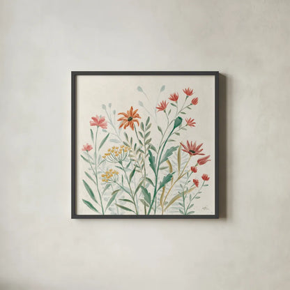 Wildflower Vibes II by Janelle Penner. Shown in a sleek black glass frame for a contemporary gallery look. Available as an archival giclee rolled canvas, fine art paper, or poster print. SKU 74610a.