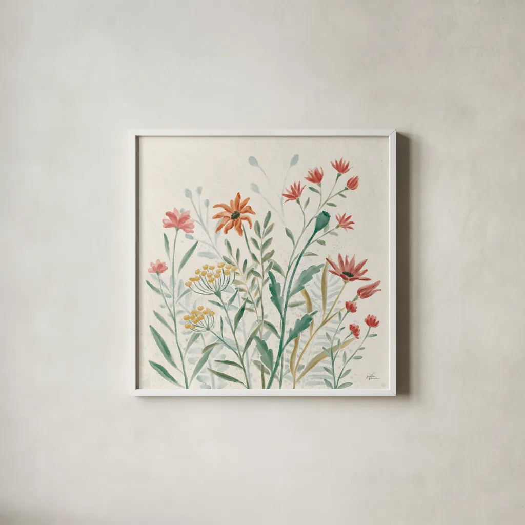 Wildflower Vibes II by Janelle Penner. Shown in a crisp white glass frame for a clean and minimalist style. Available as an archival giclee rolled canvas, fine art paper, or poster print. SKU 74610a.