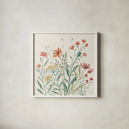 Wildflower Vibes II by Janelle Penner. Shown in a crisp white glass frame for a clean and minimalist style. Available as an archival giclee rolled canvas, fine art paper, or poster print. SKU 74610a.