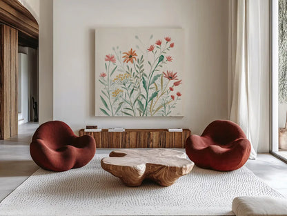 Wildflower Vibes II by Janelle Penner. Shown as extra-large giant wall art in a modern living room. Available as an archival giclee rolled canvas, fine art paper, or poster print. SKU 74610a.