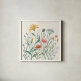 Wildflower Vibes III by Janelle Penner. Shown in a crisp white glass frame for a clean and minimalist style. Available as an archival giclee rolled canvas, fine art paper, or poster print. SKU 74611a.