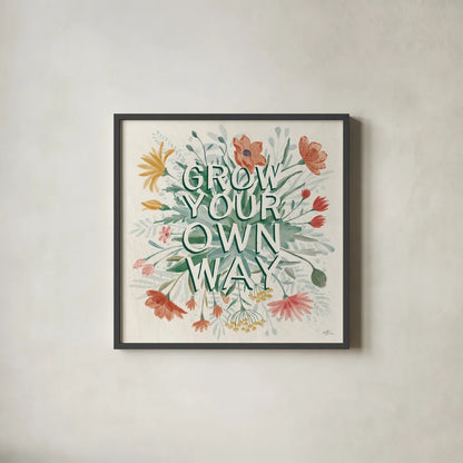 Wildflower Vibes IV by Janelle Penner. Shown in a sleek black glass frame for a contemporary gallery look. Available as an archival giclee rolled canvas, fine art paper, or poster print. SKU 74612a.