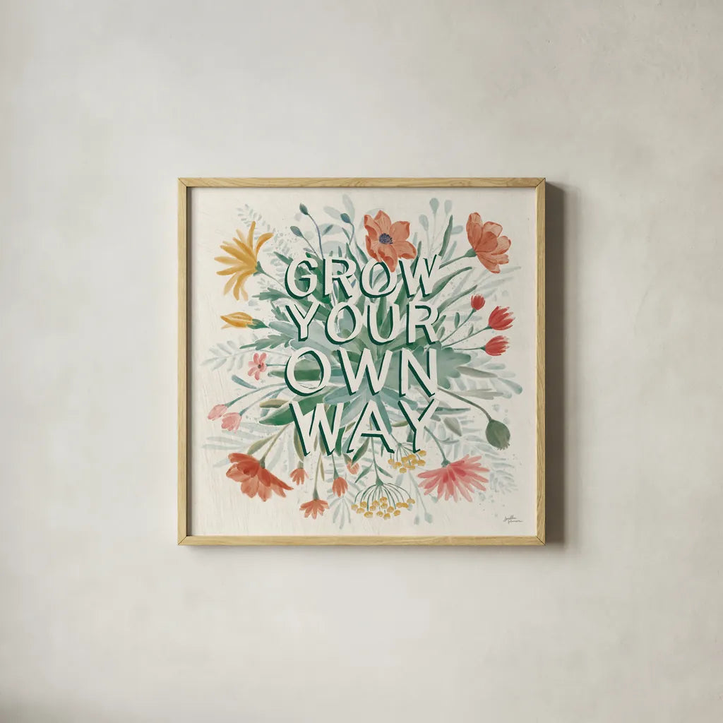 Wildflower Vibes IV by Janelle Penner. Shown in a natural wood glass frame for a timeless modern aesthetic. Available as an archival giclee rolled canvas, fine art paper, or poster print. SKU 74612a.