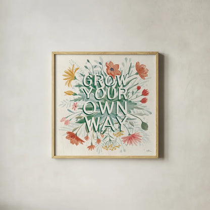 Wildflower Vibes IV by Janelle Penner. Shown in a natural wood glass frame for a timeless modern aesthetic. Available as an archival giclee rolled canvas, fine art paper, or poster print. SKU 74612a.