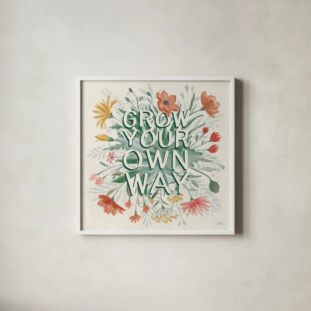 Wildflower Vibes IV by Janelle Penner. Shown in a crisp white glass frame for a clean and minimalist style. Available as an archival giclee rolled canvas, fine art paper, or poster print. SKU 74612a.