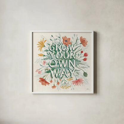 Wildflower Vibes IV by Janelle Penner. Shown in a crisp white glass frame for a clean and minimalist style. Available as an archival giclee rolled canvas, fine art paper, or poster print. SKU 74612a.