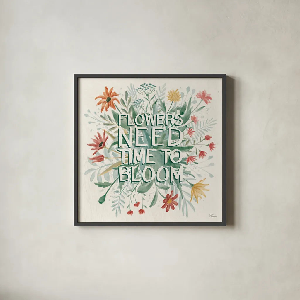 Wildflower Vibes V by Janelle Penner. Shown in a sleek black glass frame for a contemporary gallery look. Available as an archival giclee rolled canvas, fine art paper, or poster print. SKU 74613a.