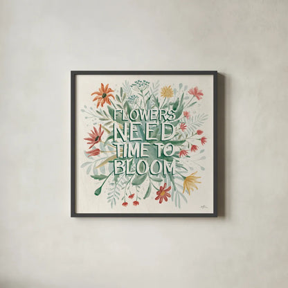 Wildflower Vibes V by Janelle Penner. Shown in a sleek black glass frame for a contemporary gallery look. Available as an archival giclee rolled canvas, fine art paper, or poster print. SKU 74613a.