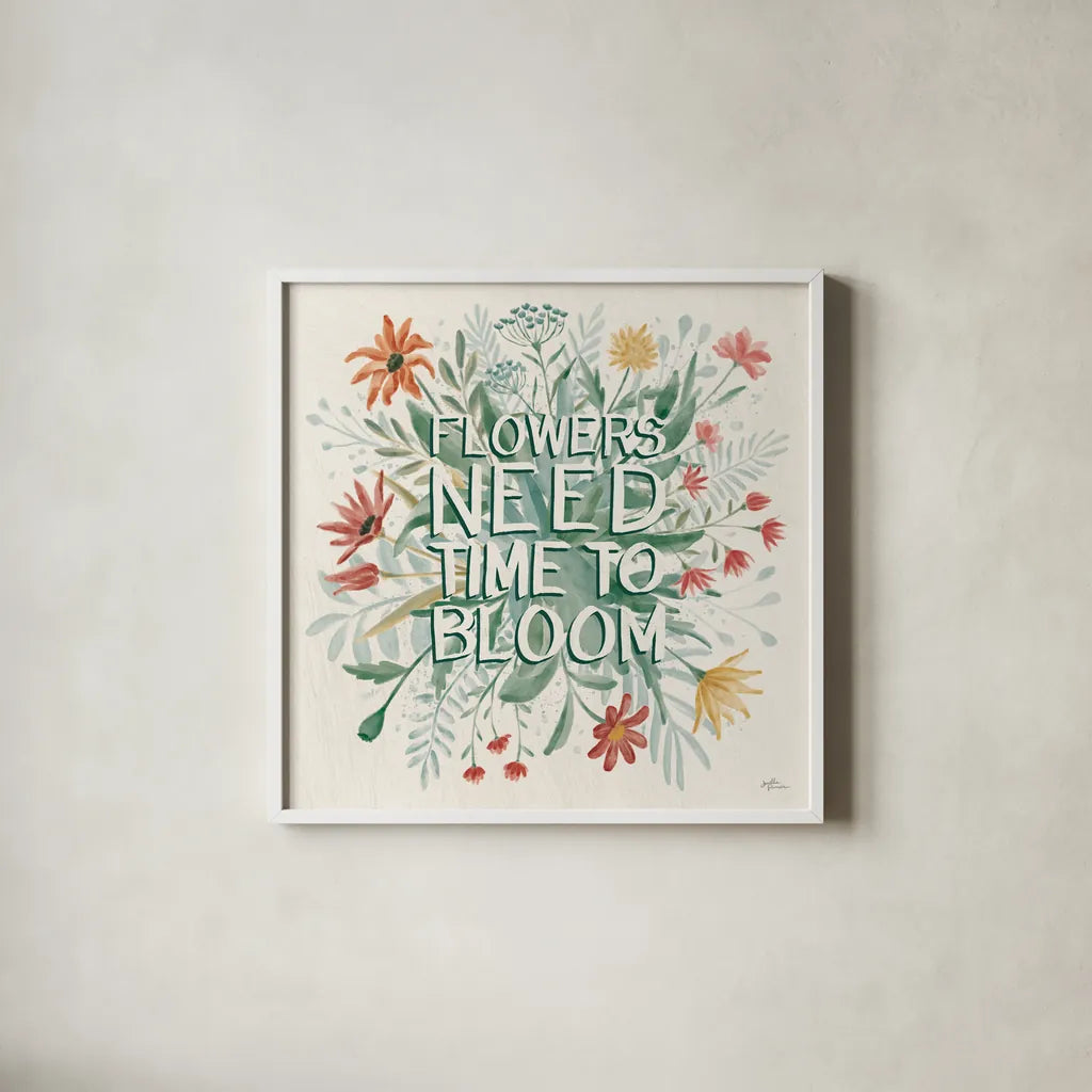 Wildflower Vibes V by Janelle Penner. Shown in a crisp white glass frame for a clean and minimalist style. Available as an archival giclee rolled canvas, fine art paper, or poster print. SKU 74613a.
