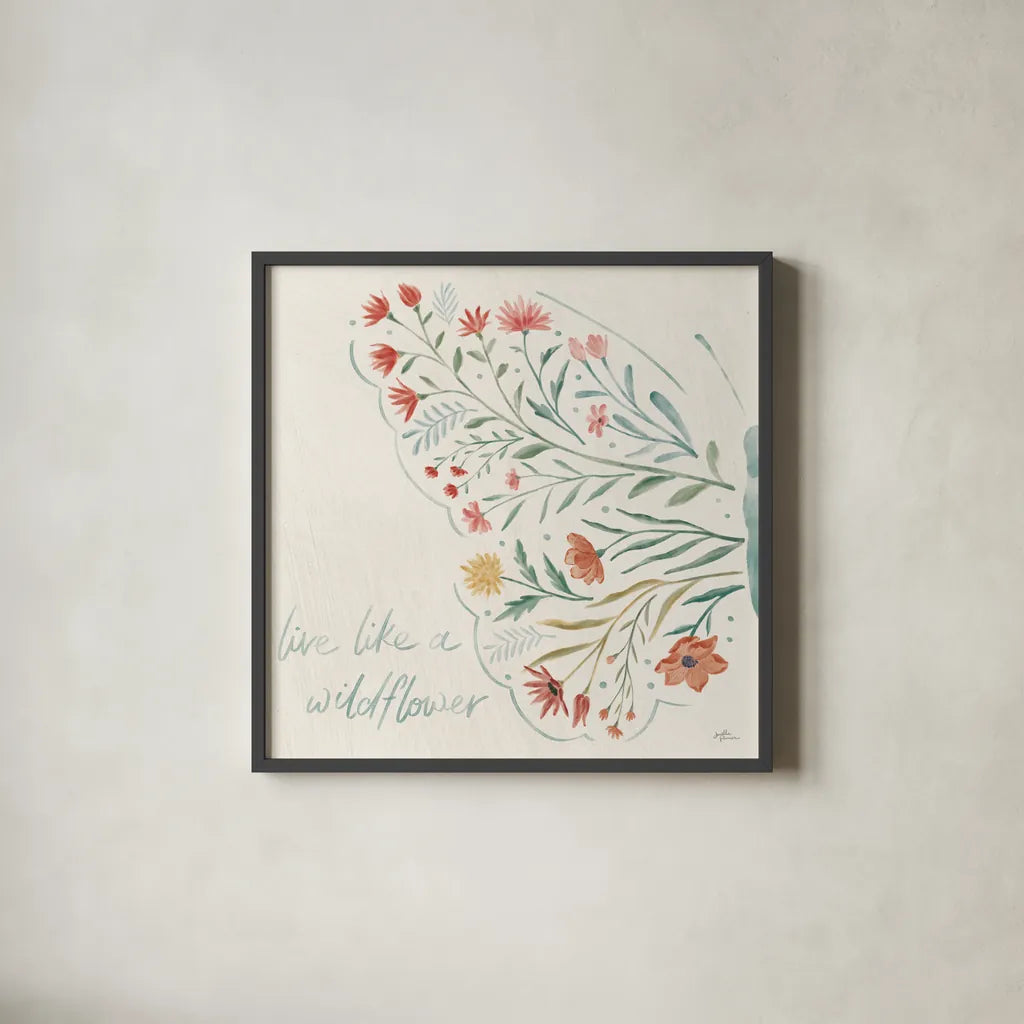 Wildflower Vibes VI by Janelle Penner. Shown in a sleek black glass frame for a contemporary gallery look. Available as an archival giclee rolled canvas, fine art paper, or poster print. SKU 74614a.