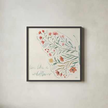 Wildflower Vibes VI by Janelle Penner. Shown in a sleek black glass frame for a contemporary gallery look. Available as an archival giclee rolled canvas, fine art paper, or poster print. SKU 74614a.