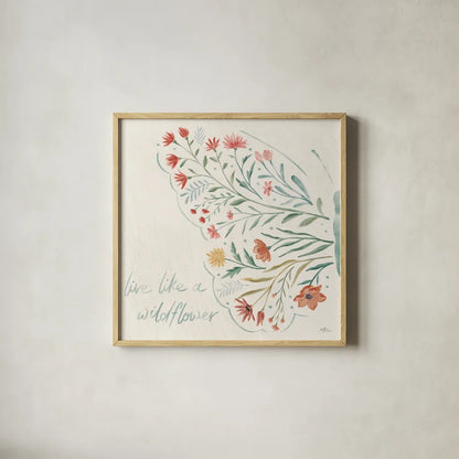 Wildflower Vibes VI by Janelle Penner. Shown in a natural wood glass frame for a timeless modern aesthetic. Available as an archival giclee rolled canvas, fine art paper, or poster print. SKU 74614a.