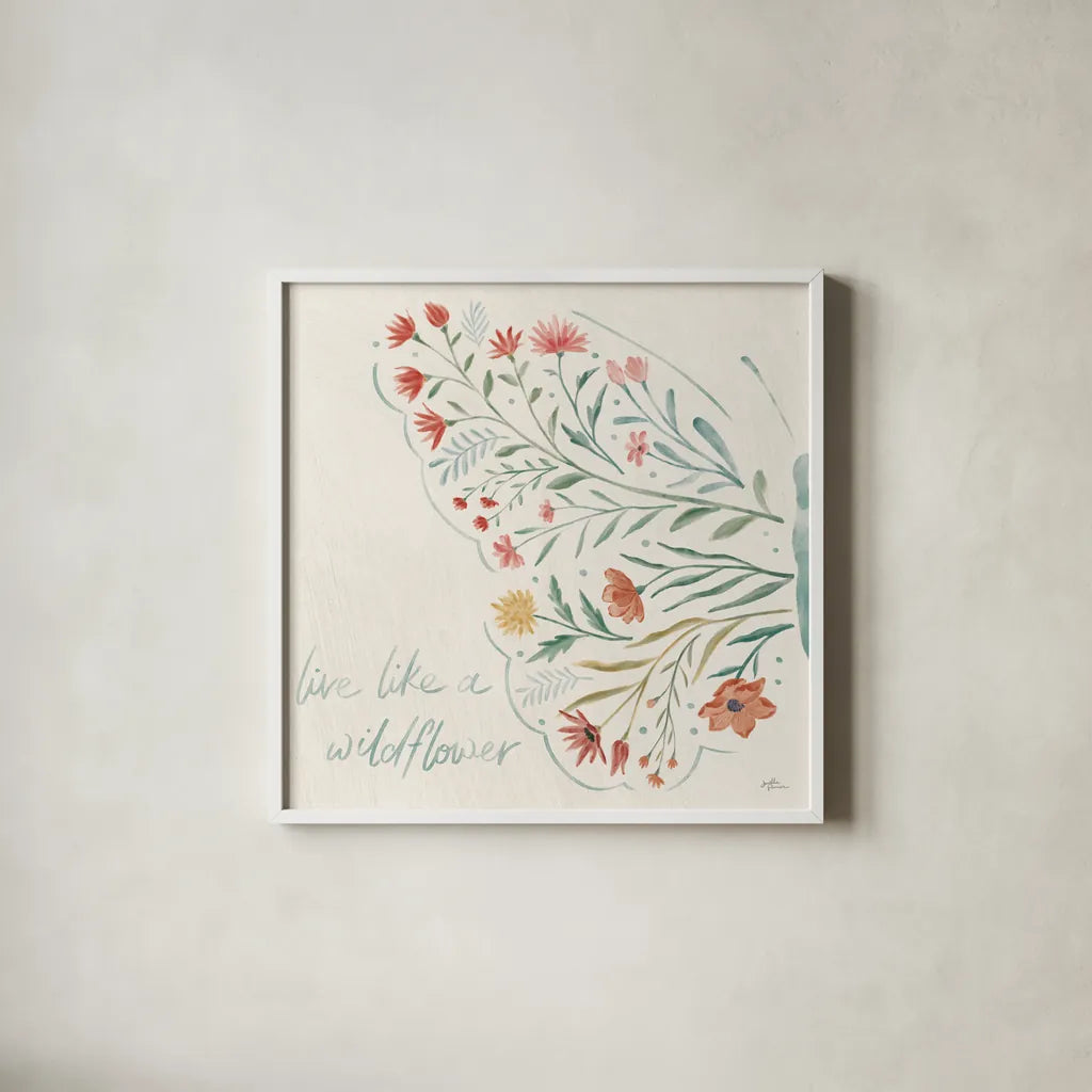 Wildflower Vibes VI by Janelle Penner. Shown in a crisp white glass frame for a clean and minimalist style. Available as an archival giclee rolled canvas, fine art paper, or poster print. SKU 74614a.