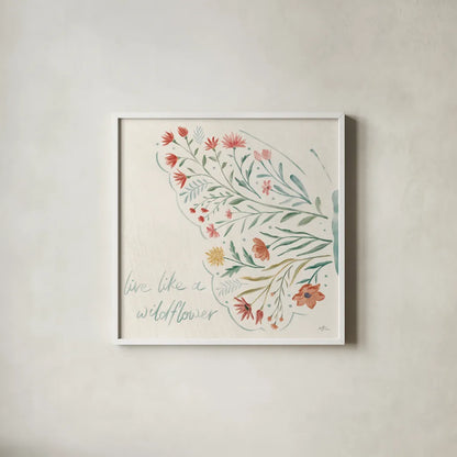 Wildflower Vibes VI by Janelle Penner. Shown in a crisp white glass frame for a clean and minimalist style. Available as an archival giclee rolled canvas, fine art paper, or poster print. SKU 74614a.