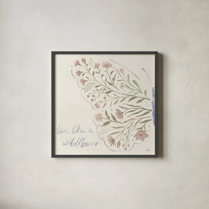 Wildflower Vibes VI Neutral by Janelle Penner. Shown in a sleek black glass frame for a contemporary gallery look. Available as an archival giclee rolled canvas, fine art paper, or poster print. SKU 76403a.
