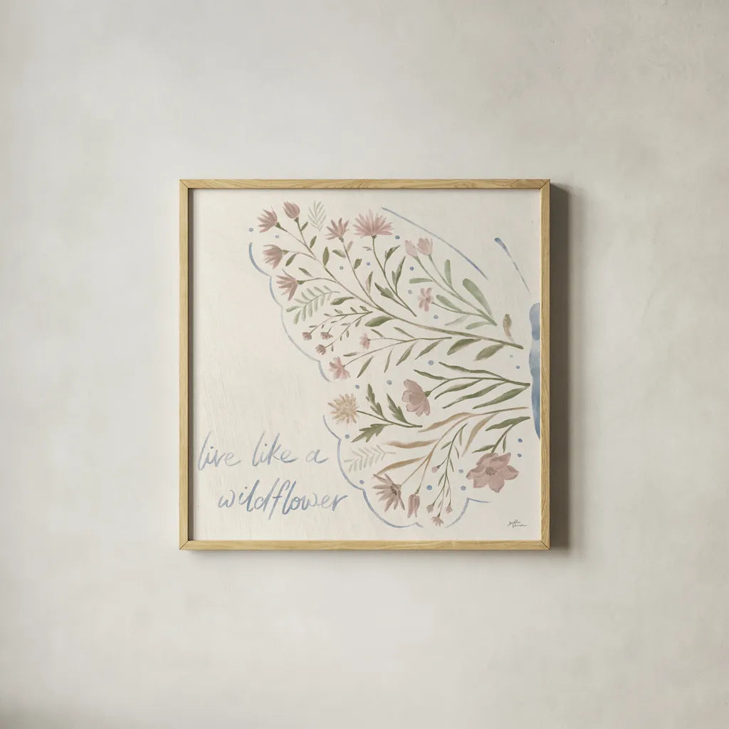 Wildflower Vibes VI Neutral by Janelle Penner. Shown in a natural wood glass frame for a timeless modern aesthetic. Available as an archival giclee rolled canvas, fine art paper, or poster print. SKU 76403a.