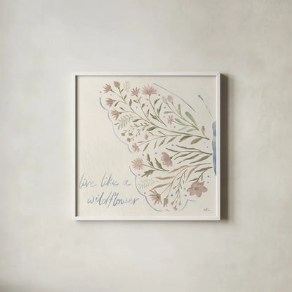 Wildflower Vibes VI Neutral by Janelle Penner. Shown in a crisp white glass frame for a clean and minimalist style. Available as an archival giclee rolled canvas, fine art paper, or poster print. SKU 76403a.