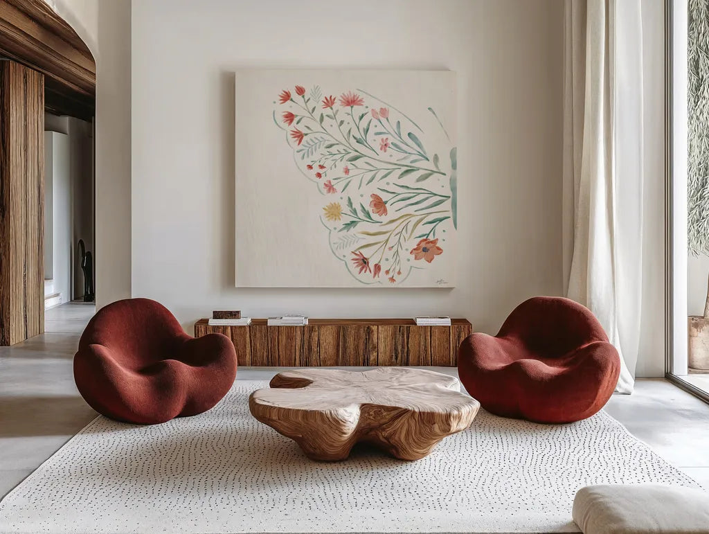 Wildflower Vibes VI No Words by Janelle Penner. Shown as extra-large giant wall art in a modern living room. Available as an archival giclee rolled canvas, fine art paper, or poster print. SKU 75971a.