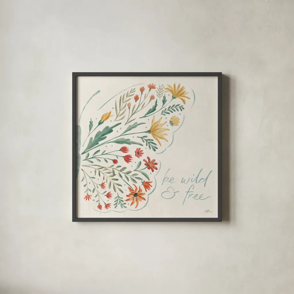 Wildflower Vibes VII by Janelle Penner. Shown in a sleek black glass frame for a contemporary gallery look. Available as an archival giclee rolled canvas, fine art paper, or poster print. SKU 74615a.