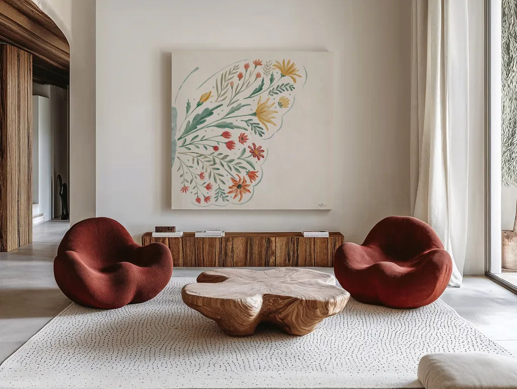 Wildflower Vibes VII No Words by Janelle Penner. Shown as extra-large giant wall art in a modern living room. Available as an archival giclee rolled canvas, fine art paper, or poster print. SKU 75972a.
