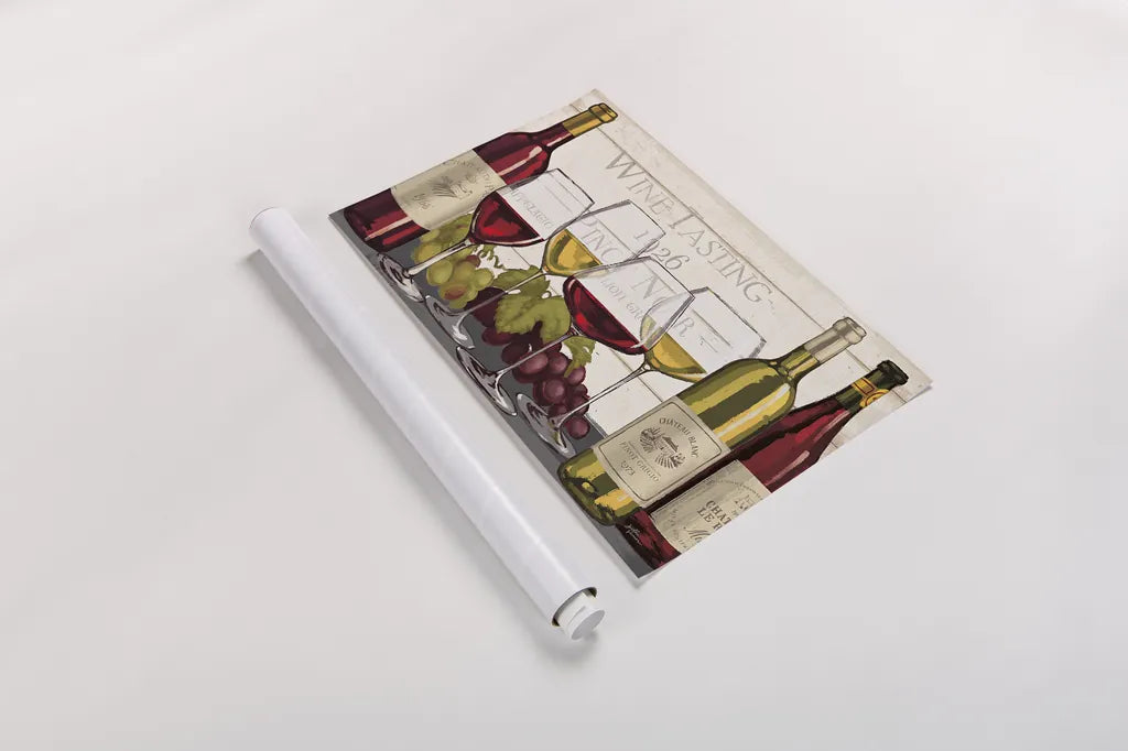 Wine Tasting I by Janelle Penner. shown as a rolled paper print. Available as archival giclee rolled canvas, fine art paper, or poster print. SKU 45342i.