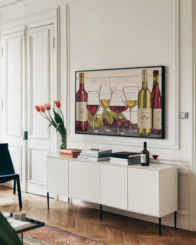 Wine Tasting I by Janelle Penner. shown as a framed stretched canvas in a living room above a console. Available as a archival giclee rolled canvas, fine art paper, or poster print. SKU 45342i.
