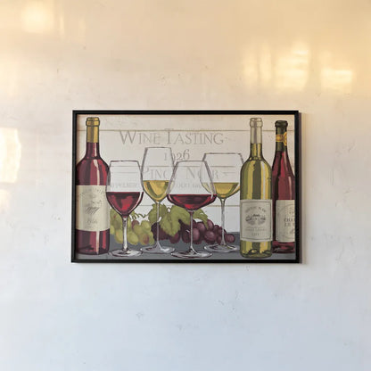 Wine Tasting I by Janelle Penner. shown as a paper print in a black flame. Available as a archival giclee rolled canvas, fine art paper, or poster print. SKU 45342i.