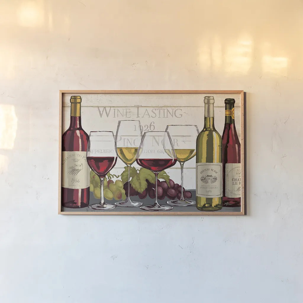 Wine Tasting I by Janelle Penner. shown as a paper print in a natural frame. Available as a archival giclee rolled canvas, fine art paper, or poster print. SKU 45342i.