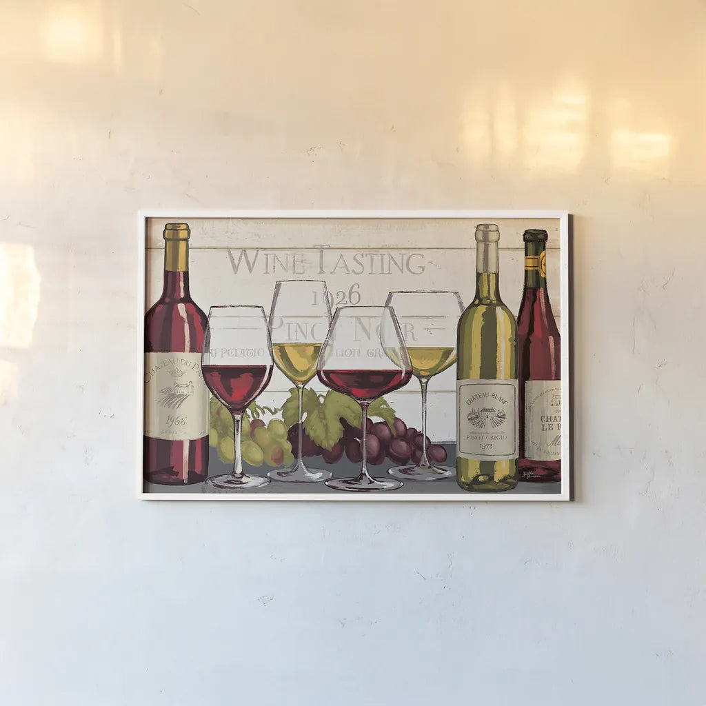Wine Tasting I by Janelle Penner. shown as a paper print in a white frame. Available as a archival giclee rolled canvas, fine art paper, or poster print. SKU 45342i.