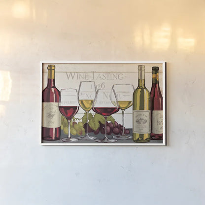 Wine Tasting I by Janelle Penner. shown as a paper print in a white frame. Available as a archival giclee rolled canvas, fine art paper, or poster print. SKU 45342i.