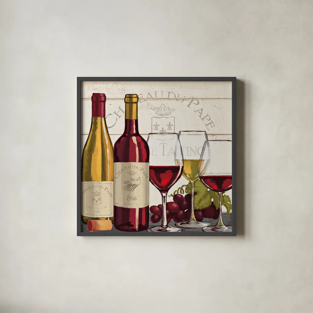 Wine Tasting II by Janelle Penner. Shown in a sleek black glass frame for a contemporary gallery look. Available as an archival giclee rolled canvas, fine art paper, or poster print. SKU 45343a.