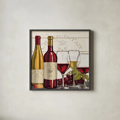 Wine Tasting II by Janelle Penner. Shown in a sleek black glass frame for a contemporary gallery look. Available as an archival giclee rolled canvas, fine art paper, or poster print. SKU 45343a.