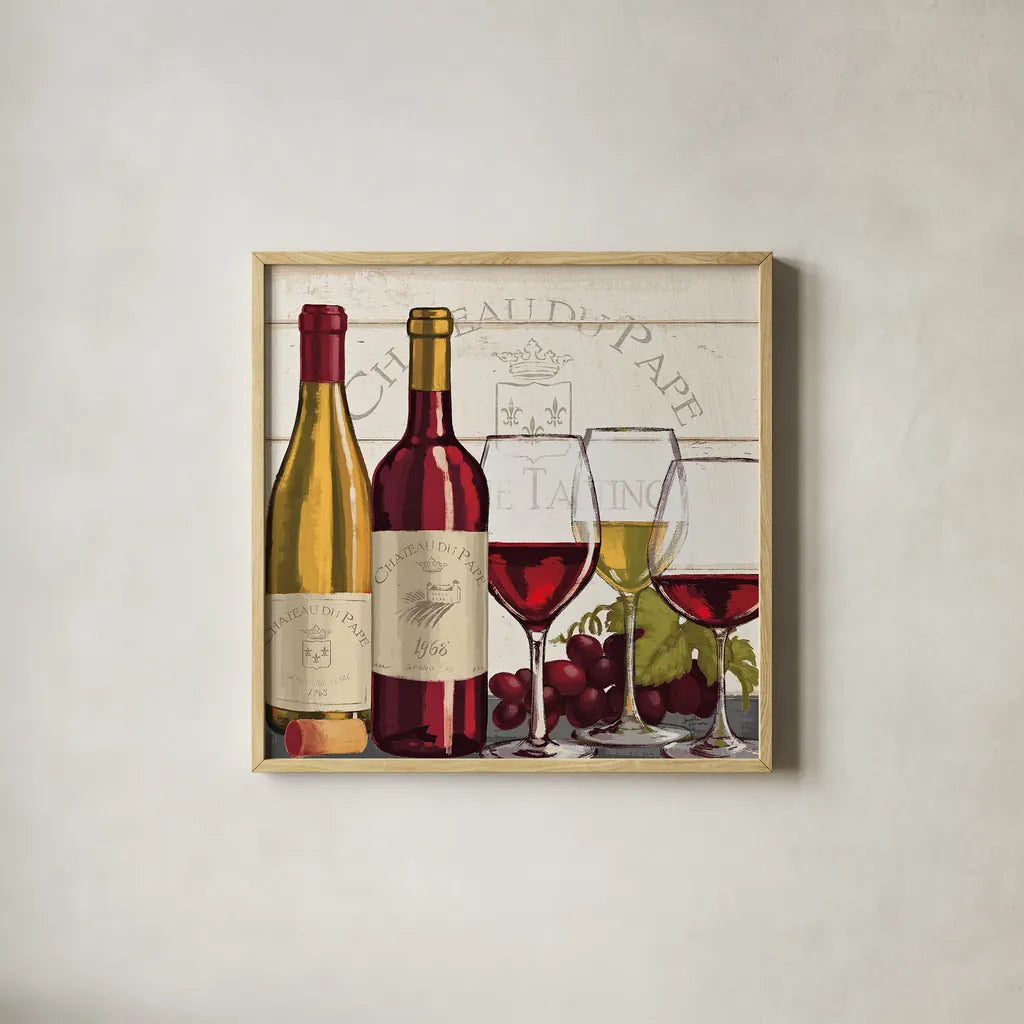 Wine Tasting II by Janelle Penner. Shown in a natural wood glass frame for a timeless modern aesthetic. Available as an archival giclee rolled canvas, fine art paper, or poster print. SKU 45343a.