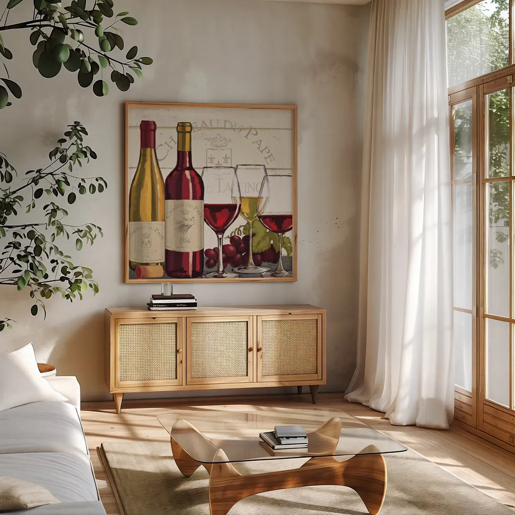 Wine Tasting II by Janelle Penner. Shown in a natural wood frame in a cozy modern living room. Available as an archival giclee rolled canvas, fine art paper, or poster print. SKU 45343a.