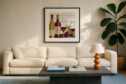 Wine Tasting II by Janelle Penner. Displayed in a glass frame with matte in a clean modern living room. Available as an archival giclee rolled canvas, fine art paper, or poster print. SKU 45343a.