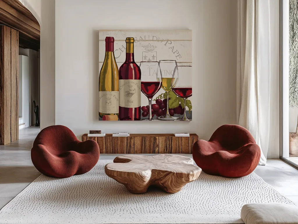 Wine Tasting II by Janelle Penner. Shown as extra-large giant wall art in a modern living room. Available as an archival giclee rolled canvas, fine art paper, or poster print. SKU 45343a.