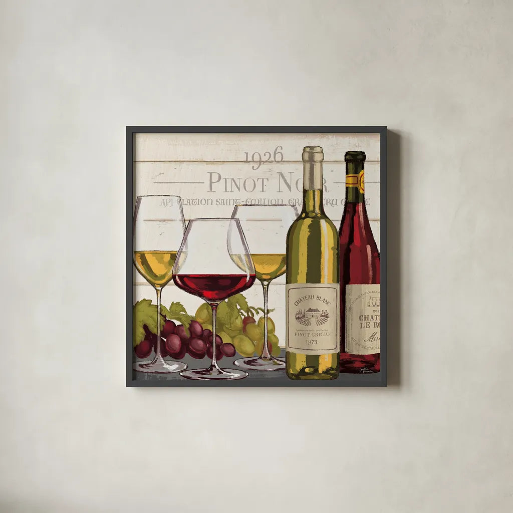 Wine Tasting III by Janelle Penner. Shown in a sleek black glass frame for a contemporary gallery look. Available as an archival giclee rolled canvas, fine art paper, or poster print. SKU 45344a.