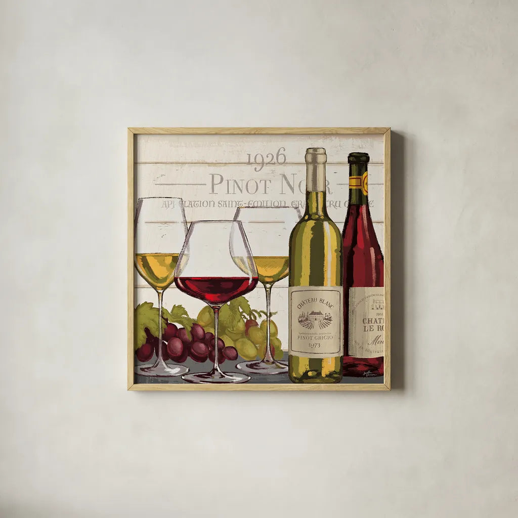 Wine Tasting III by Janelle Penner. Shown in a natural wood glass frame for a timeless modern aesthetic. Available as an archival giclee rolled canvas, fine art paper, or poster print. SKU 45344a.
