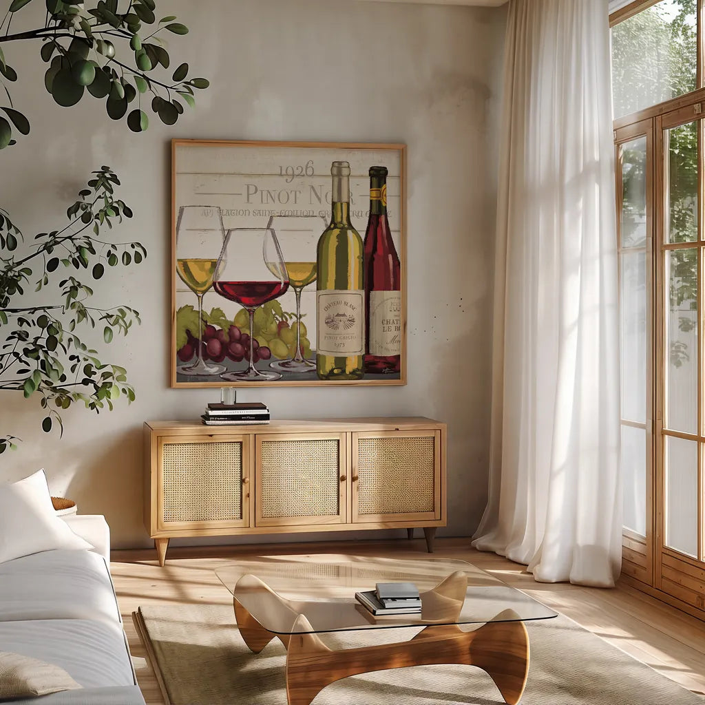 Wine Tasting III by Janelle Penner. Shown in a natural wood frame in a cozy modern living room. Available as an archival giclee rolled canvas, fine art paper, or poster print. SKU 45344a.