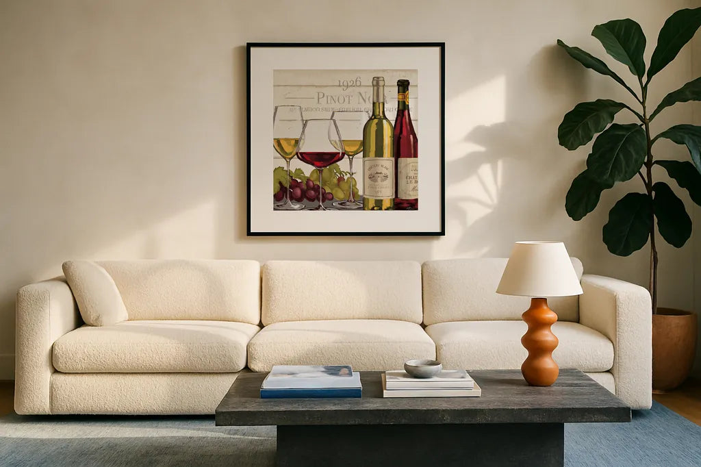 Wine Tasting III by Janelle Penner. Displayed in a glass frame with matte in a clean modern living room. Available as an archival giclee rolled canvas, fine art paper, or poster print. SKU 45344a.