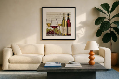 Wine Tasting III by Janelle Penner. Displayed in a glass frame with matte in a clean modern living room. Available as an archival giclee rolled canvas, fine art paper, or poster print. SKU 45344a.