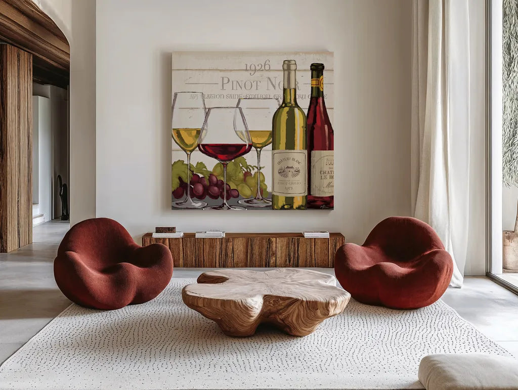 Wine Tasting III by Janelle Penner. Shown as extra-large giant wall art in a modern living room. Available as an archival giclee rolled canvas, fine art paper, or poster print. SKU 45344a.
